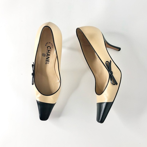 Chanel Retro Vintage Interlocking CC Bow Cap Toe Heeled Pumps 36.5 - Picture 1 of 10
